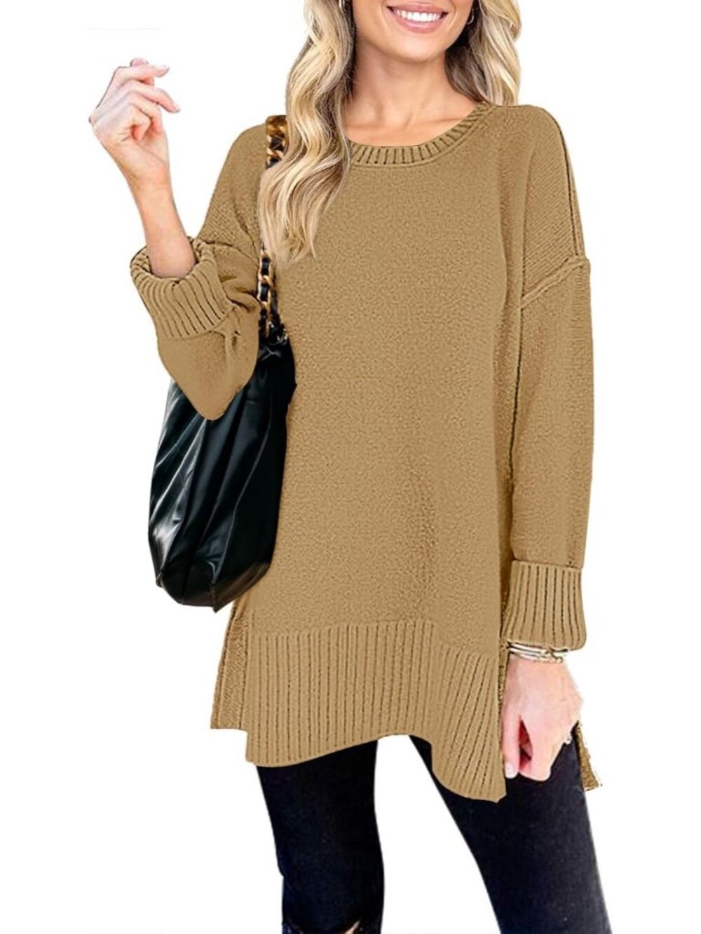 Women's Khaki Fall Winter Oversized Casual Pullover Tunic Long Sleeves Sweater